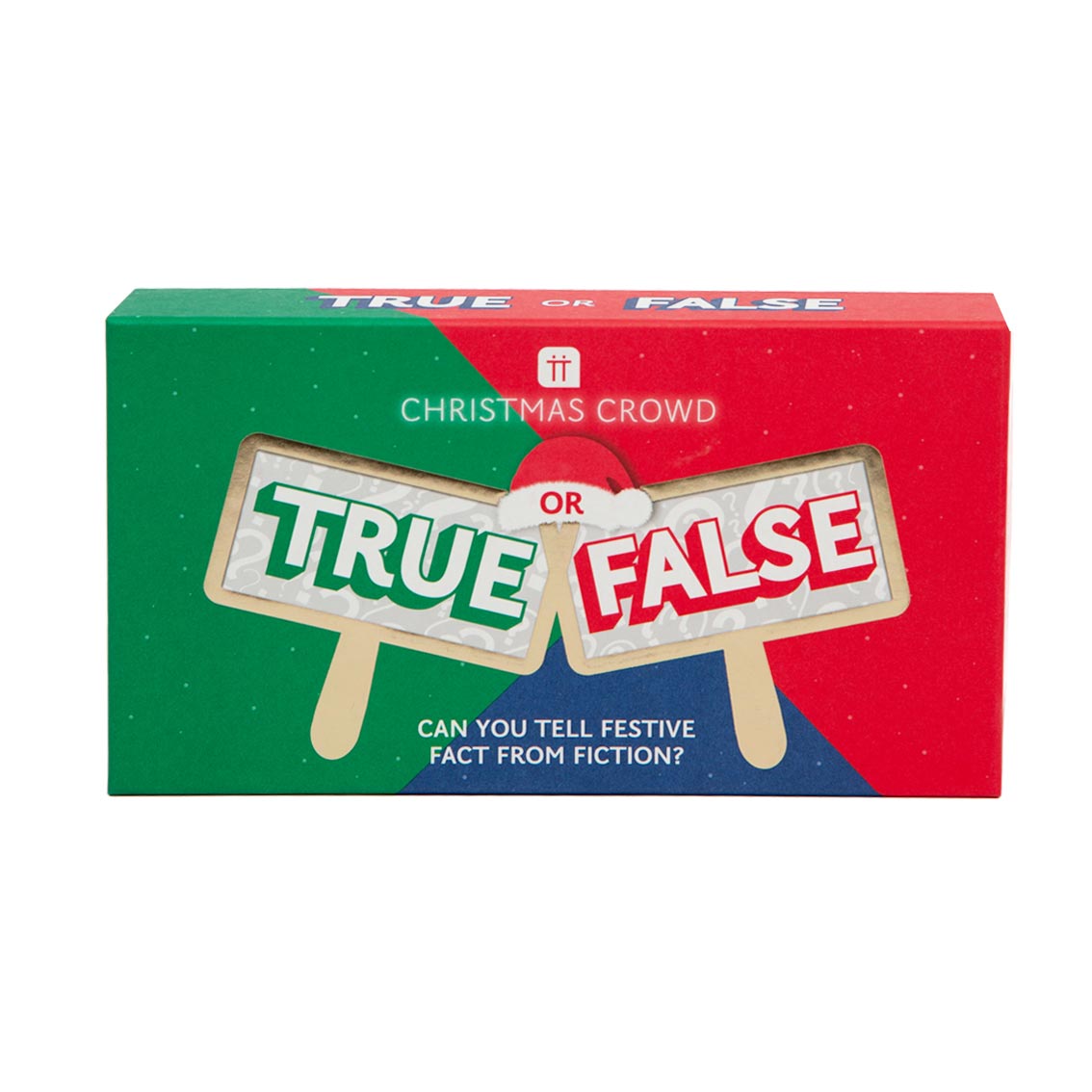A boardgame box for a game called True or False - Can you tell festive fact from fiction? It&#39;s christmas themed and is geometrically coloured.