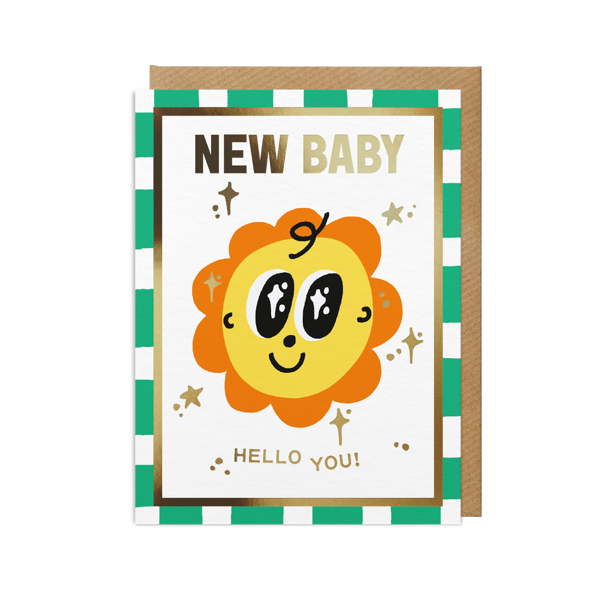 A new baby greeting card with a green and white checkered border, featuring a cartoon flower face with the text 'NEW BABY' and 'HELLO YOU!' in gold lettering. A brown envelope is placed behind the card on a white background.