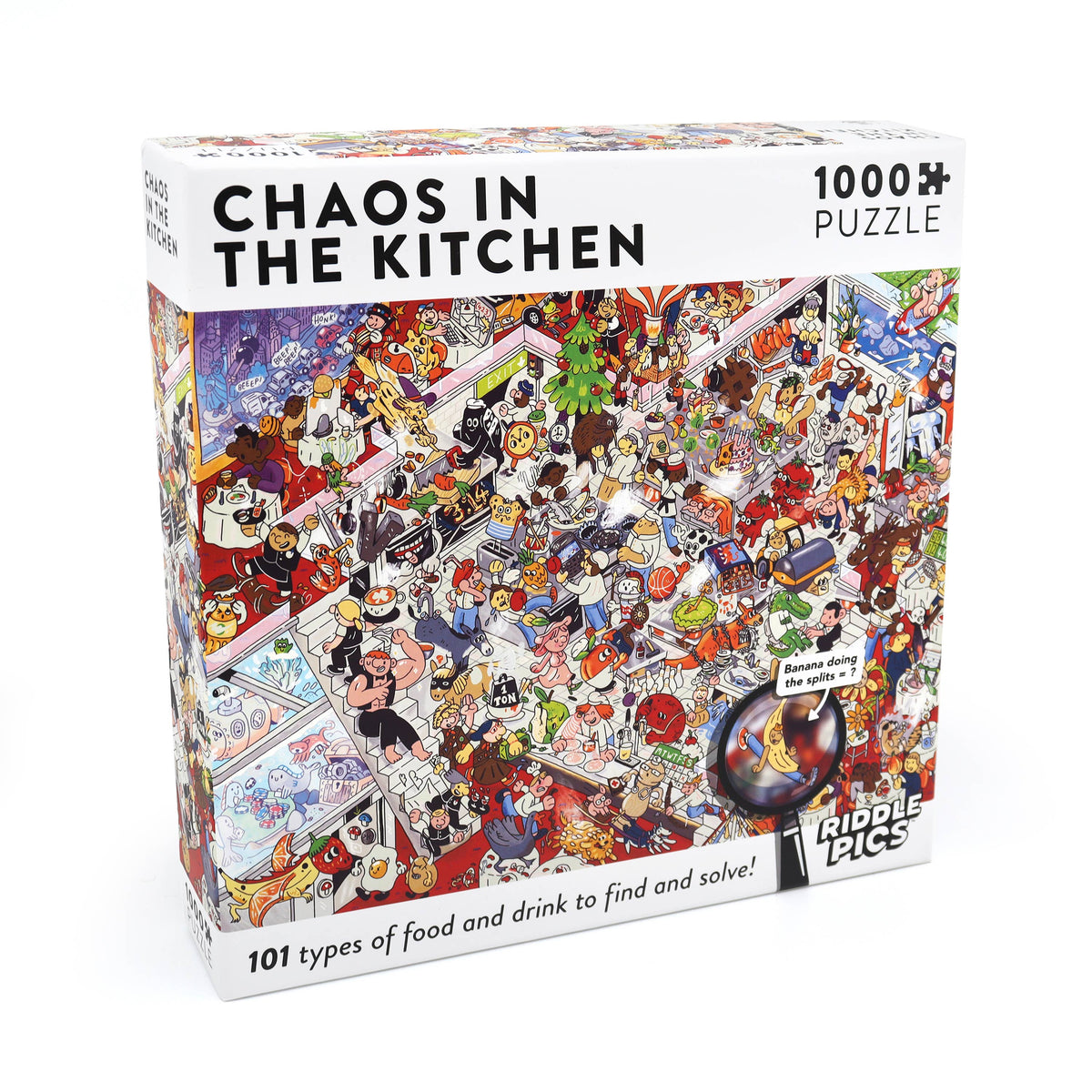 A 1000-piece jigsaw puzzle box titled 'Chaos in the Kitchen' by Riddle Pics, featuring a highly detailed, colourful cartoon illustration of a busy kitchen scene.