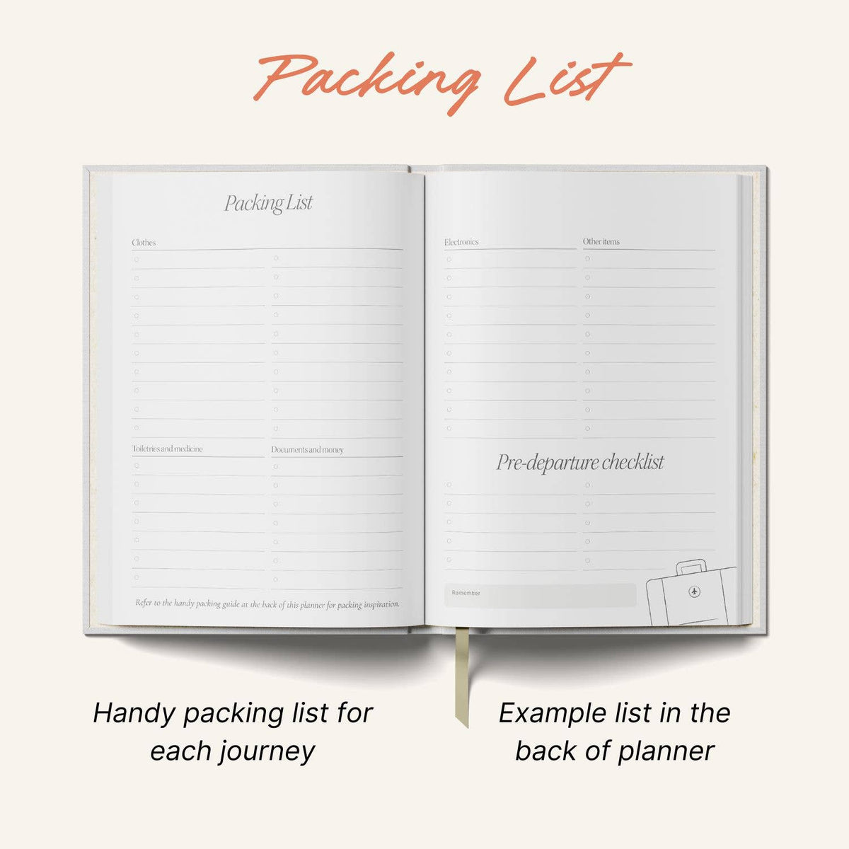 Mountain Sunset A5 Travel Planner by penny black showing inside view of packing list