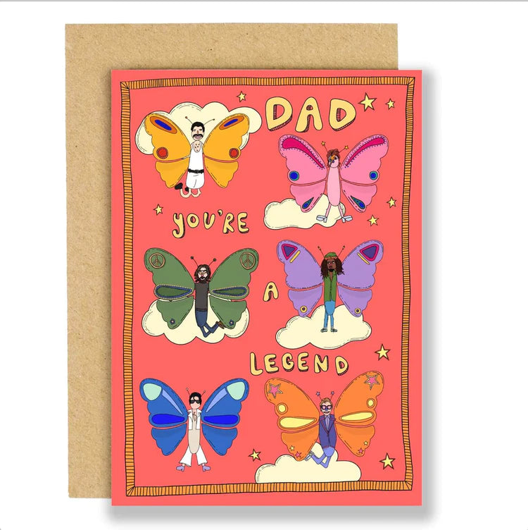 A greetings card with a red background and a hand drawn orange edging. The image is of 6 different coloured butterflies that have the bodies of famous male musical legends on clouds. The words 'Dad you're a legend' feature.