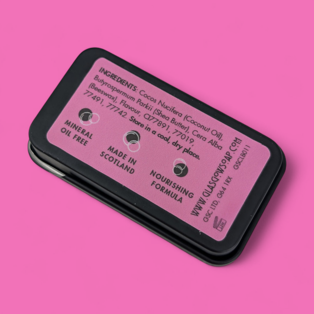 Toasted Marshmallow Lip Balm Tin by glasgow soap company at penny black - showing back of tin