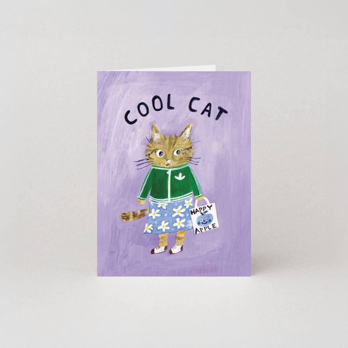 Mini greetings card with a cat illustration and 'Cool Cat' text on a purple background