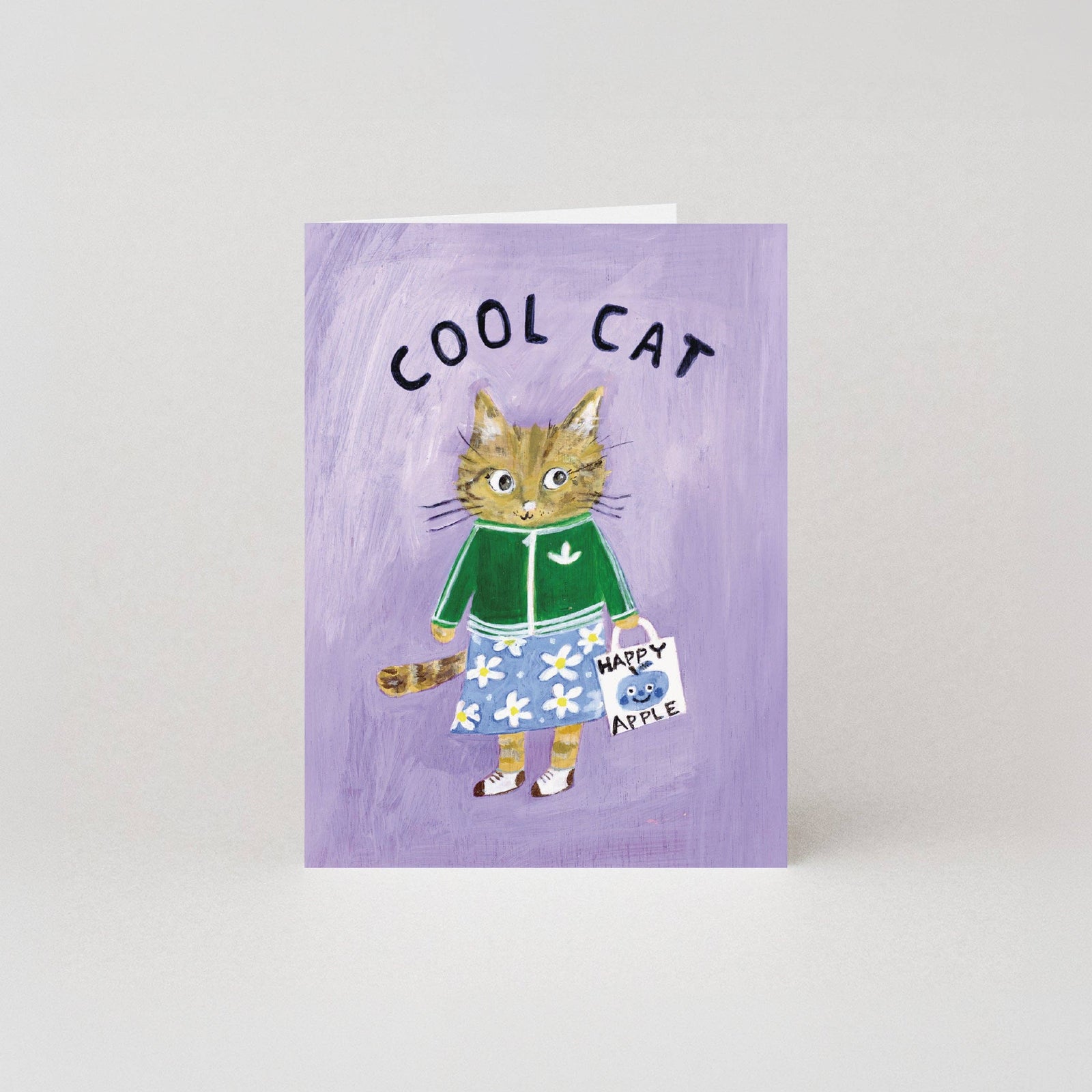 Mini greetings card with a cat illustration and 'Cool Cat' text on a purple background