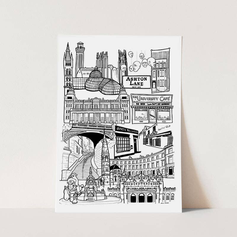 Glasgow West End Landmark Skyline Illustration Print by law illustrates at penny black