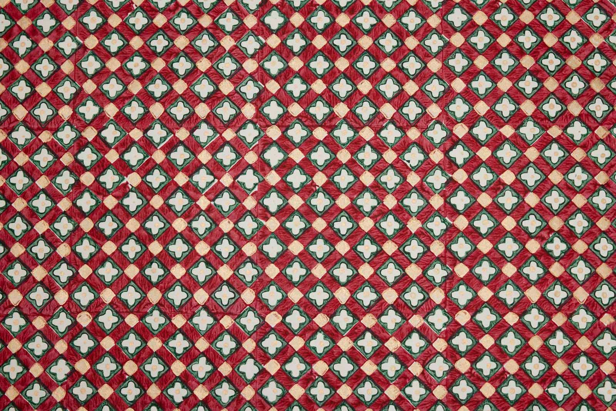 Block Printed Scarlet Floral Check Christmas Wrapping Paper Sheet