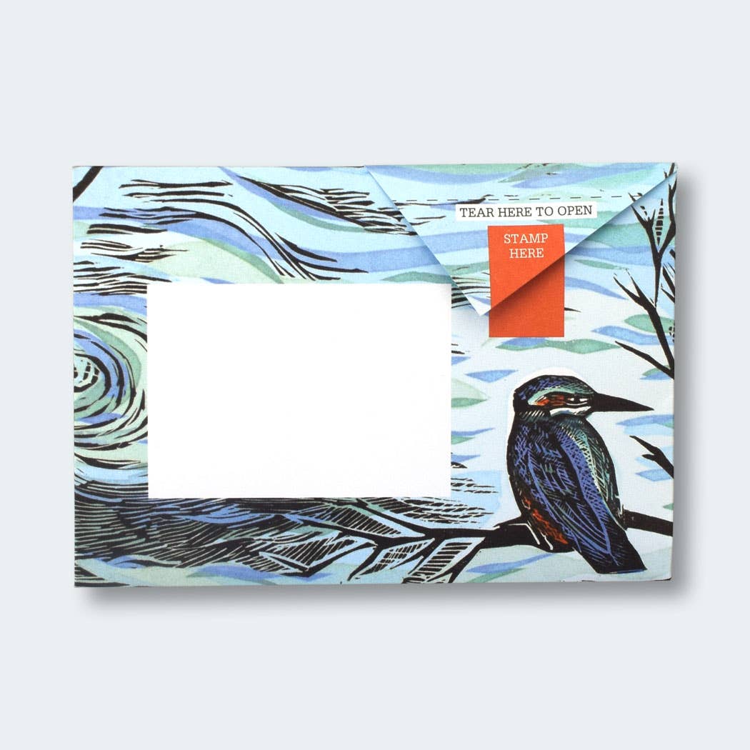 Rewilding Pigeon Folding Letter Set by penny black - showing a folded letter with artwork showing a Kingfisher bird on a branch at the water&#39;s edge