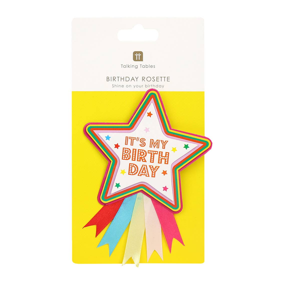 Birthday Brights Star Rosette Badge showing its packaging by talking tables at penny black