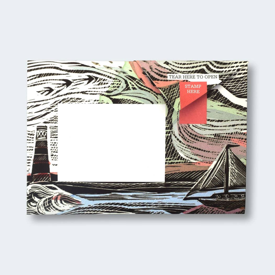 Rewilding Pigeon Folding Letter Set by penny black - showing a folded letter with artwork showing a harbour and lighthouse scene