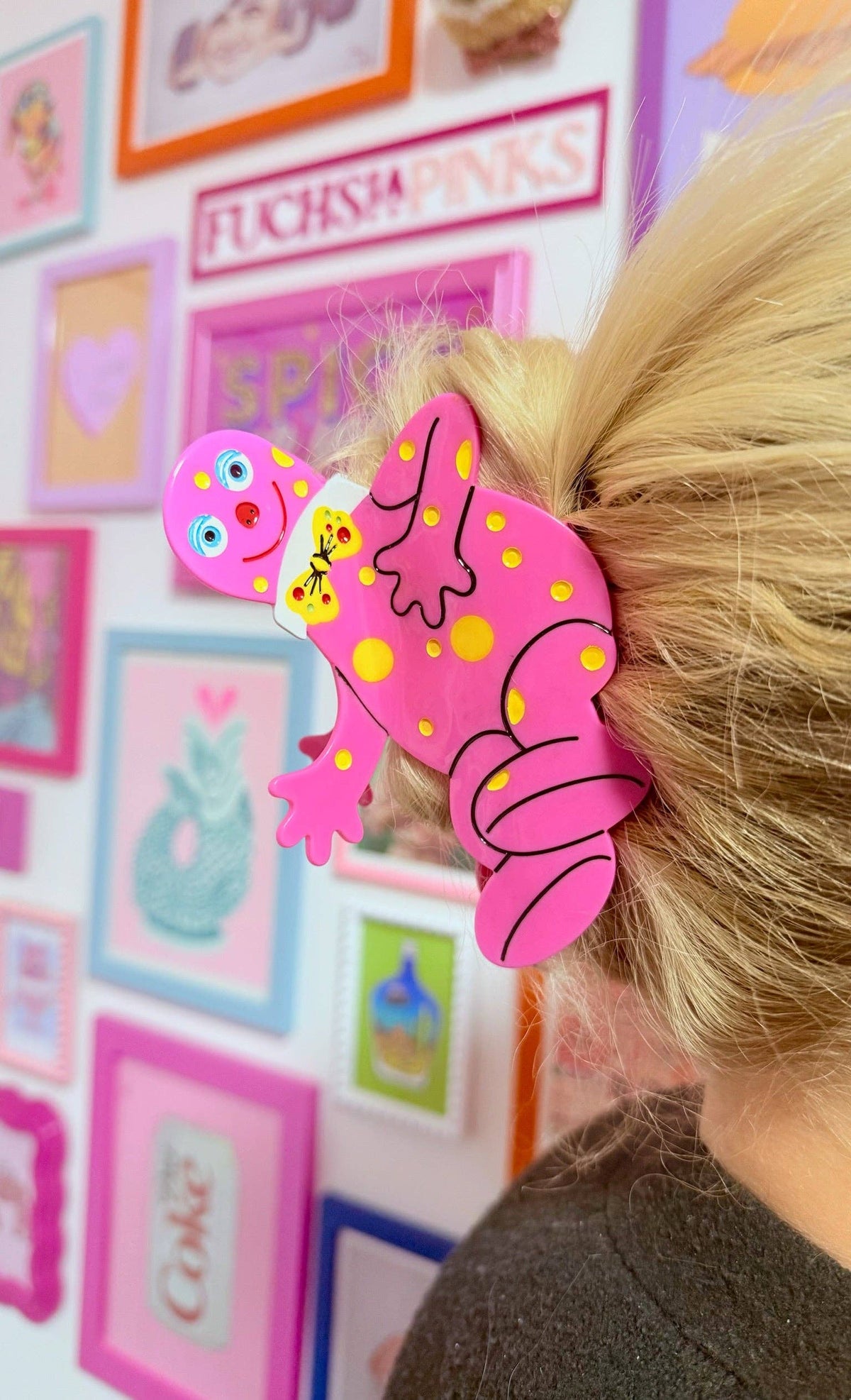 Mr Blobby 90s Hair Claw by penny black shown in someone's hair