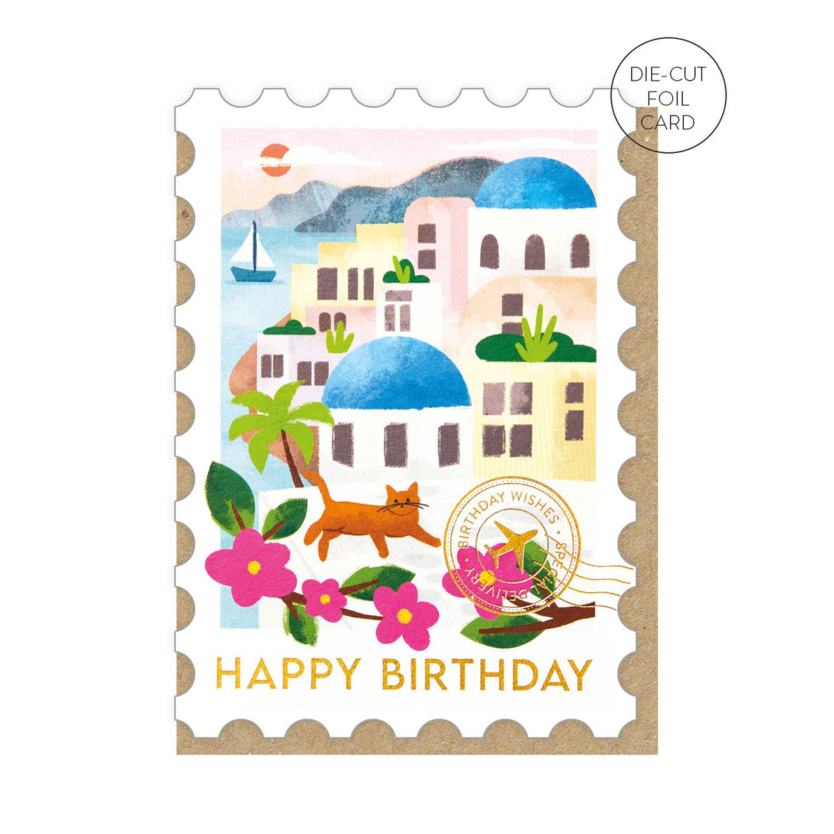 Birthday card with a scenic design of Santorini including white buildings with blue rooves, a cat, and flowers on a white background.