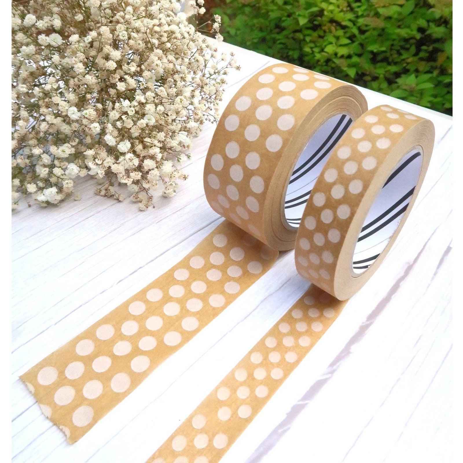 White Polka Dot Print Eco Friendly Paper Packaging Tape 24mm x 50m by penny black
