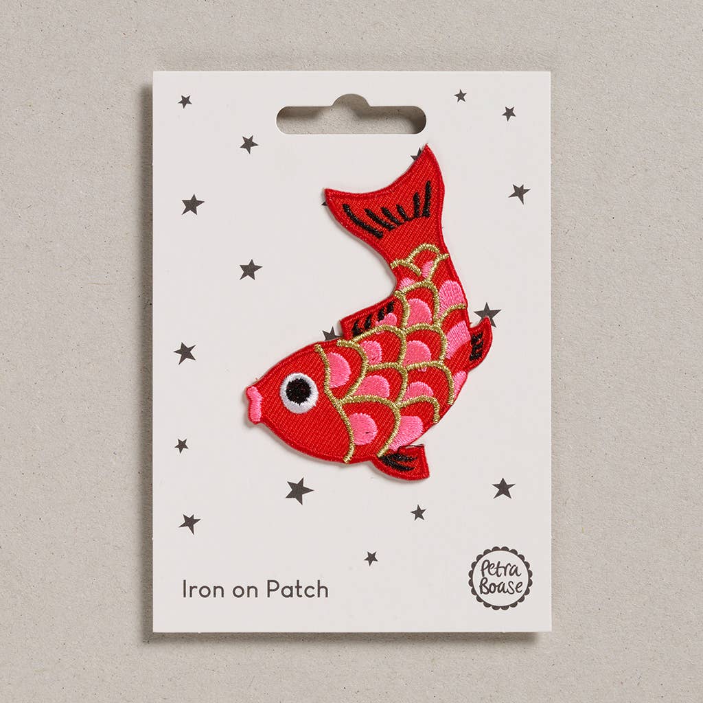Colourful Iron on Patch - Koi Fish on it's backing card at penny black