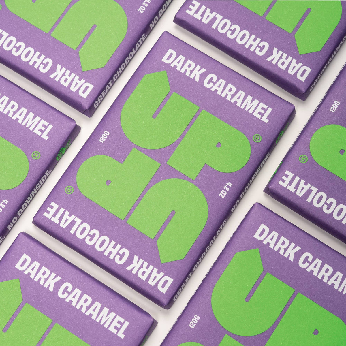 UP-UP Ethical Dark Caramel Chocolate Bar 120g by penny black showing packaging