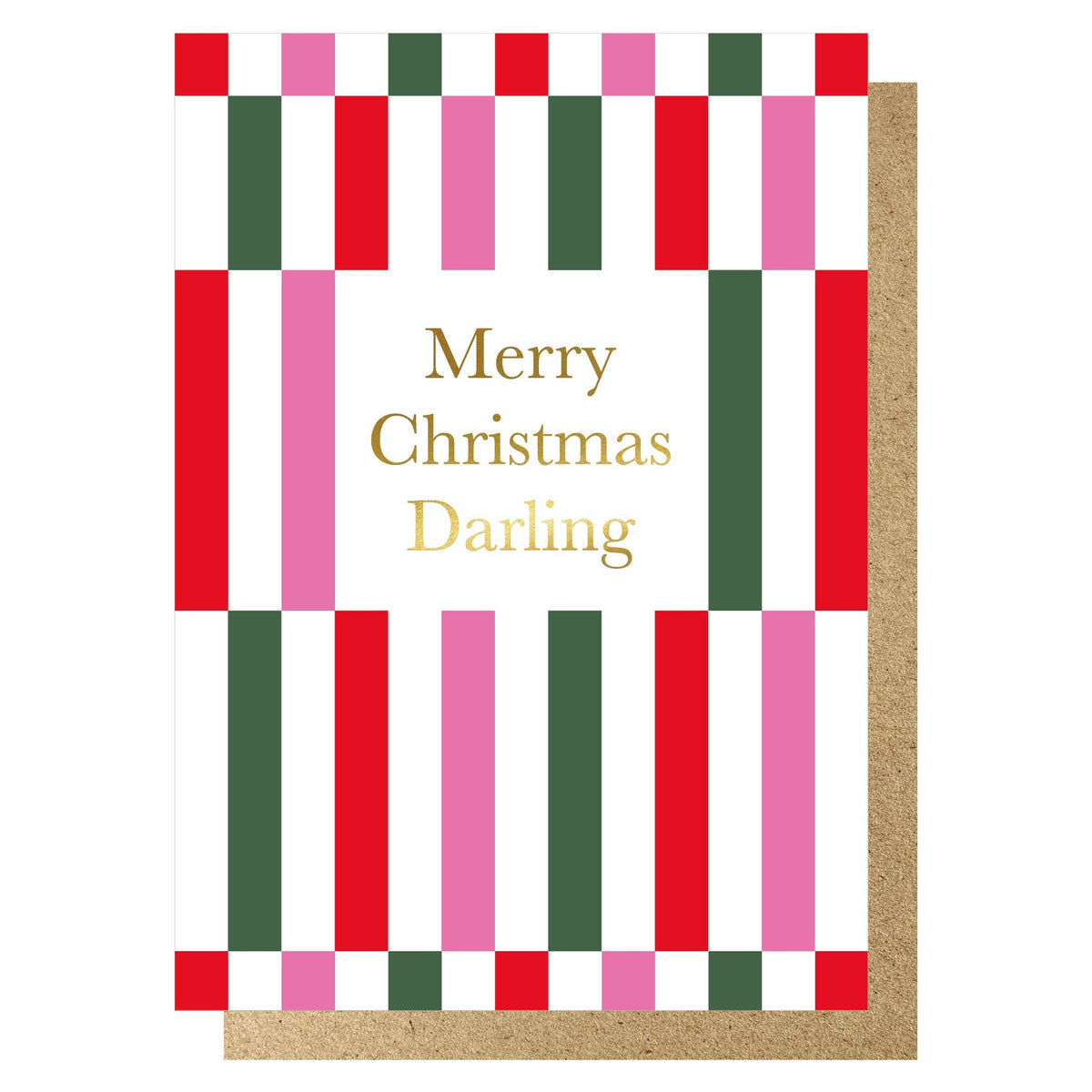 Christmas card with colourful geometric striped pattern and 'Merry Christmas Darling' text and kraft envelope behind.