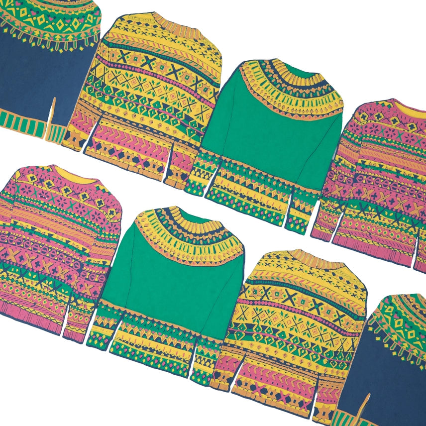 Fair Isle Sweaters Screen Printed Concertina Garland laid out by east end press at penny black