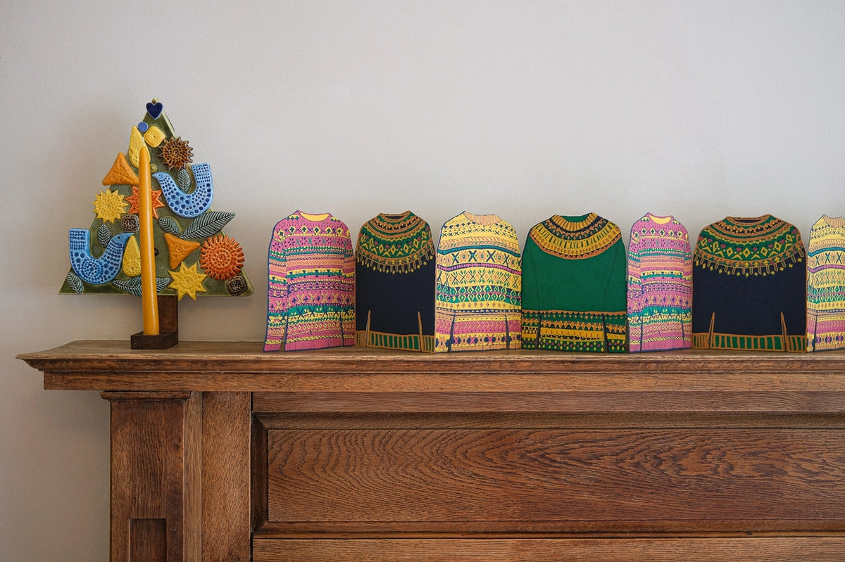 Fair Isle Sweaters Screen Printed Concertina Garland on a mantlepiece by east end press at penny black