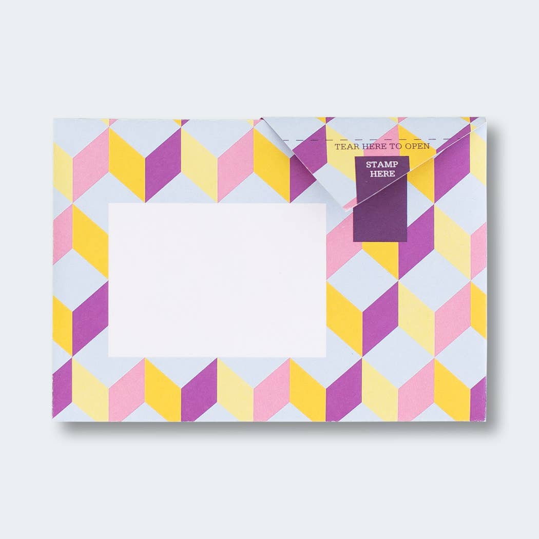 Geometric Pigeon Folding Letter Set by penny black - showing a lilac, grey and yellow colour stacking block designed folded letter
