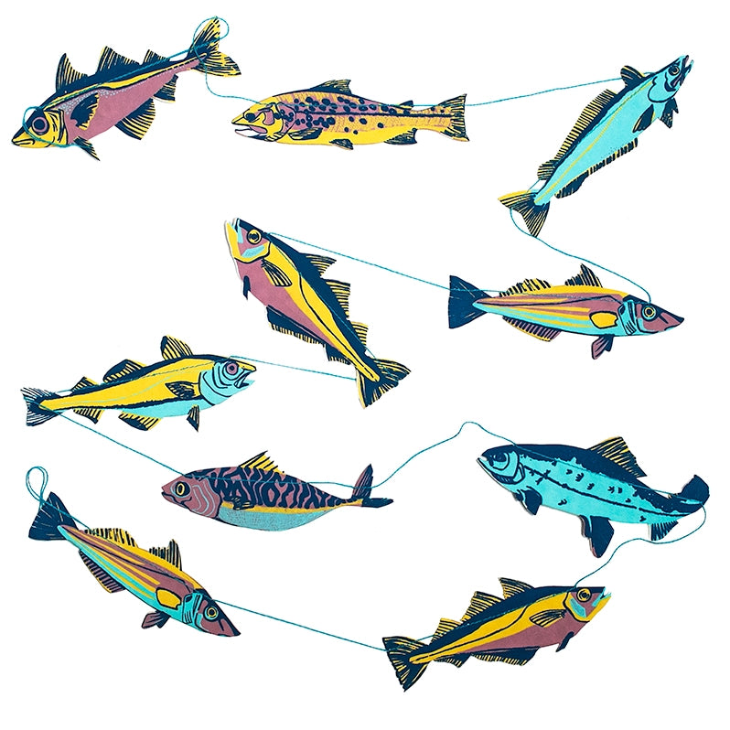 Fishes Screen Printed Paper Garland laid out by penny black