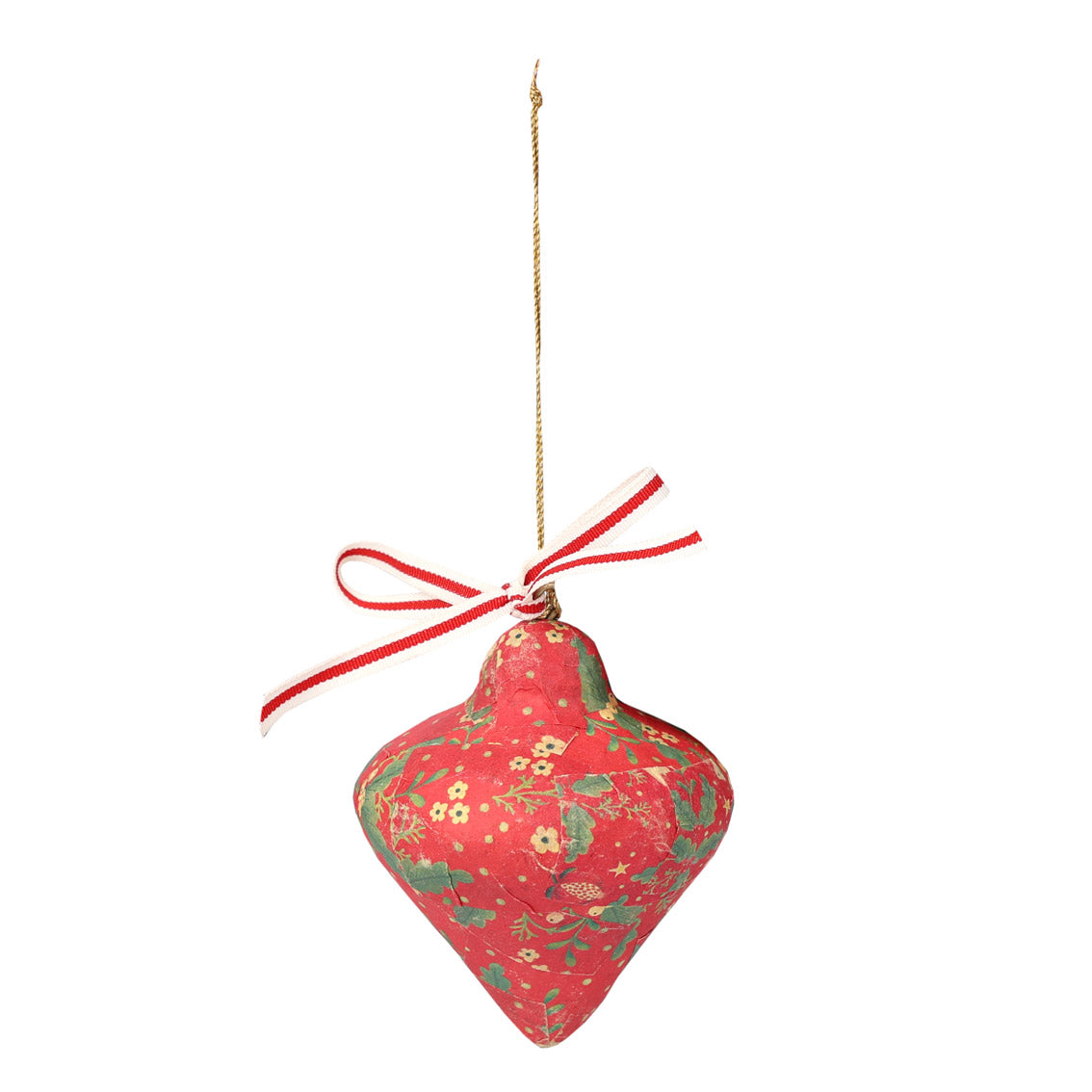 Red bell-shaped ornament with floral pattern and red/white ribbon on a white background by talking tables at penny black