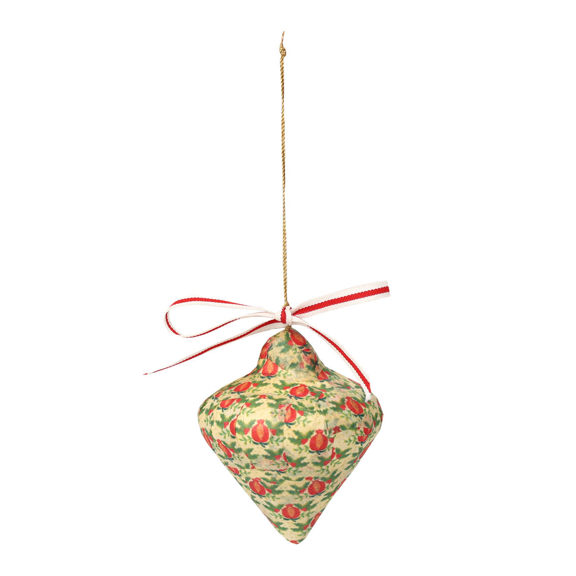 Decorative Christmas hanging ornament with red and green pattern tied with a white and red striped bow on a white background by talking tables at penny black