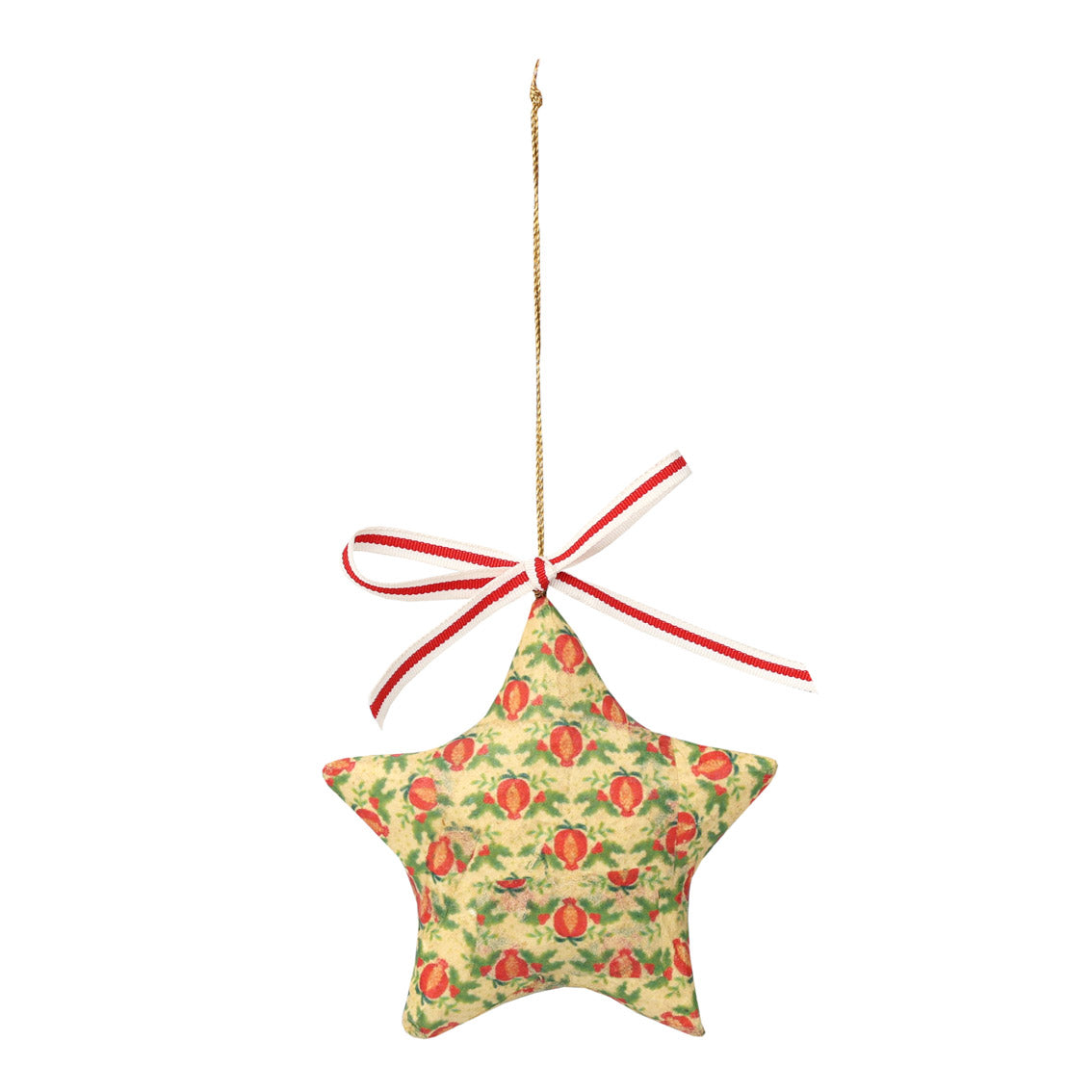 Star-shaped Christmas tree ornament with a floral pattern and a striped white and red ribbon on a white background by talking tables at penny black