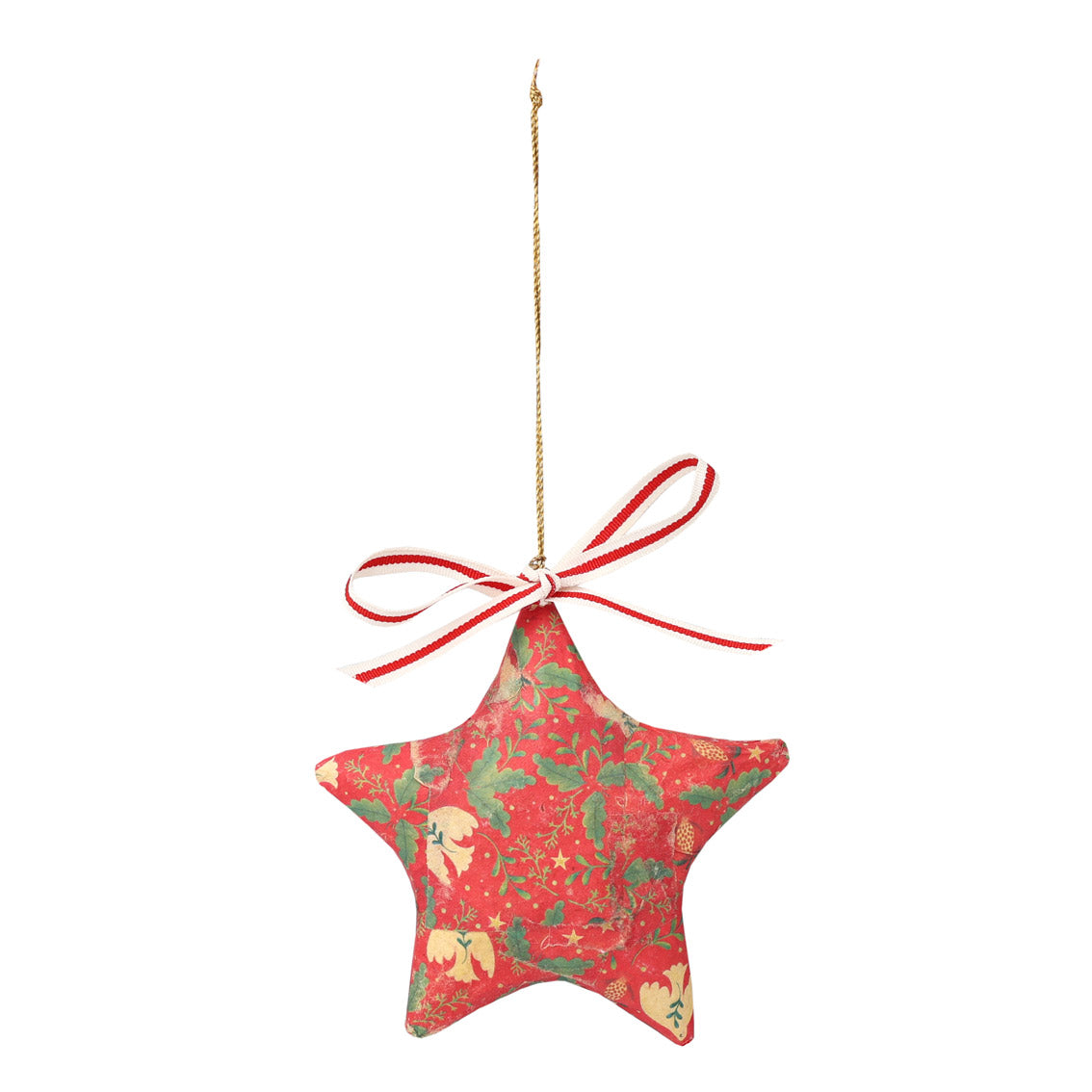 Red star-shaped Christmas ornament with a floral pattern on a white background, hanging with a red and white stripe bow by talking tables at penny black