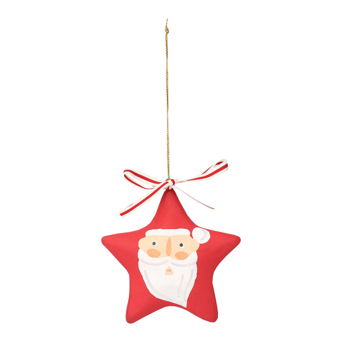 Red star-shaped Christmas ornament with Santa Claus face on a white background tied with a red and white bow by talking tables at penny black