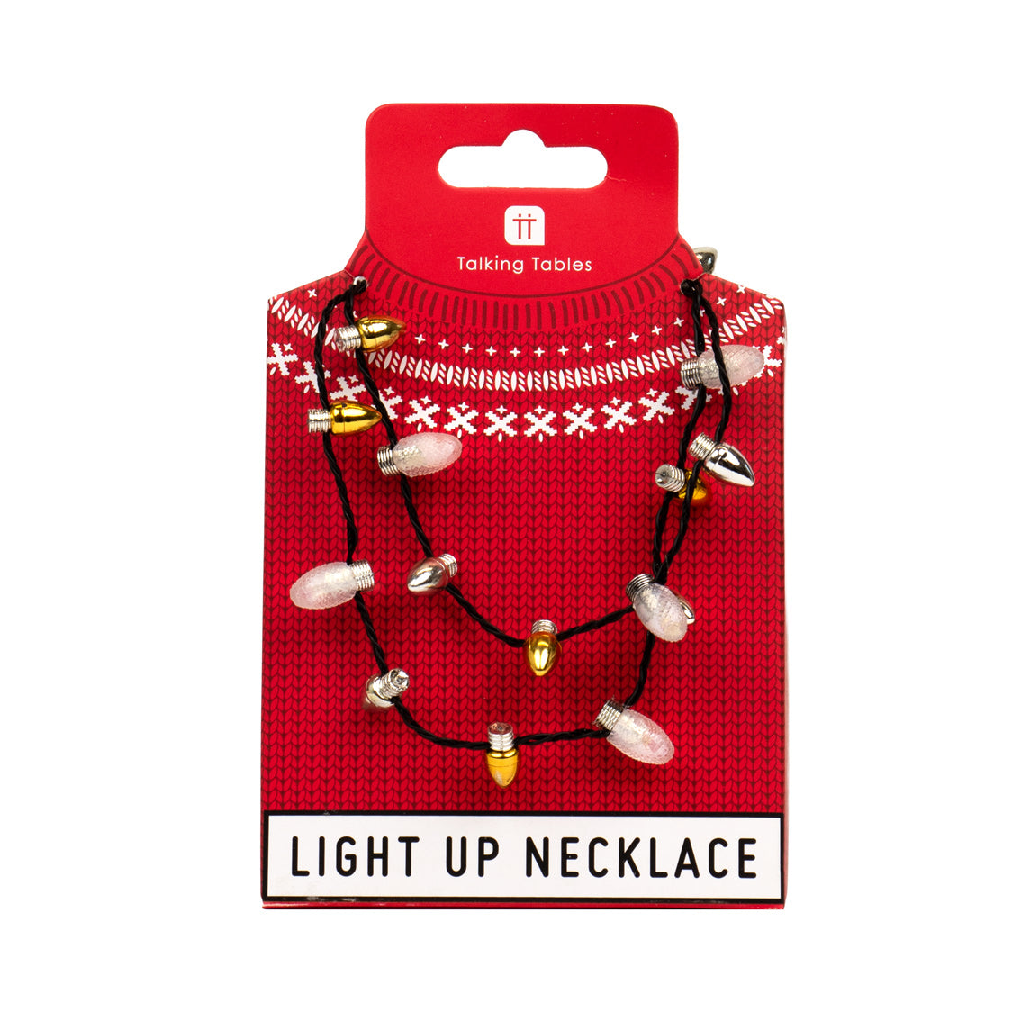 An image of a light up christmas necklace in red jumper-styled retail packaging.