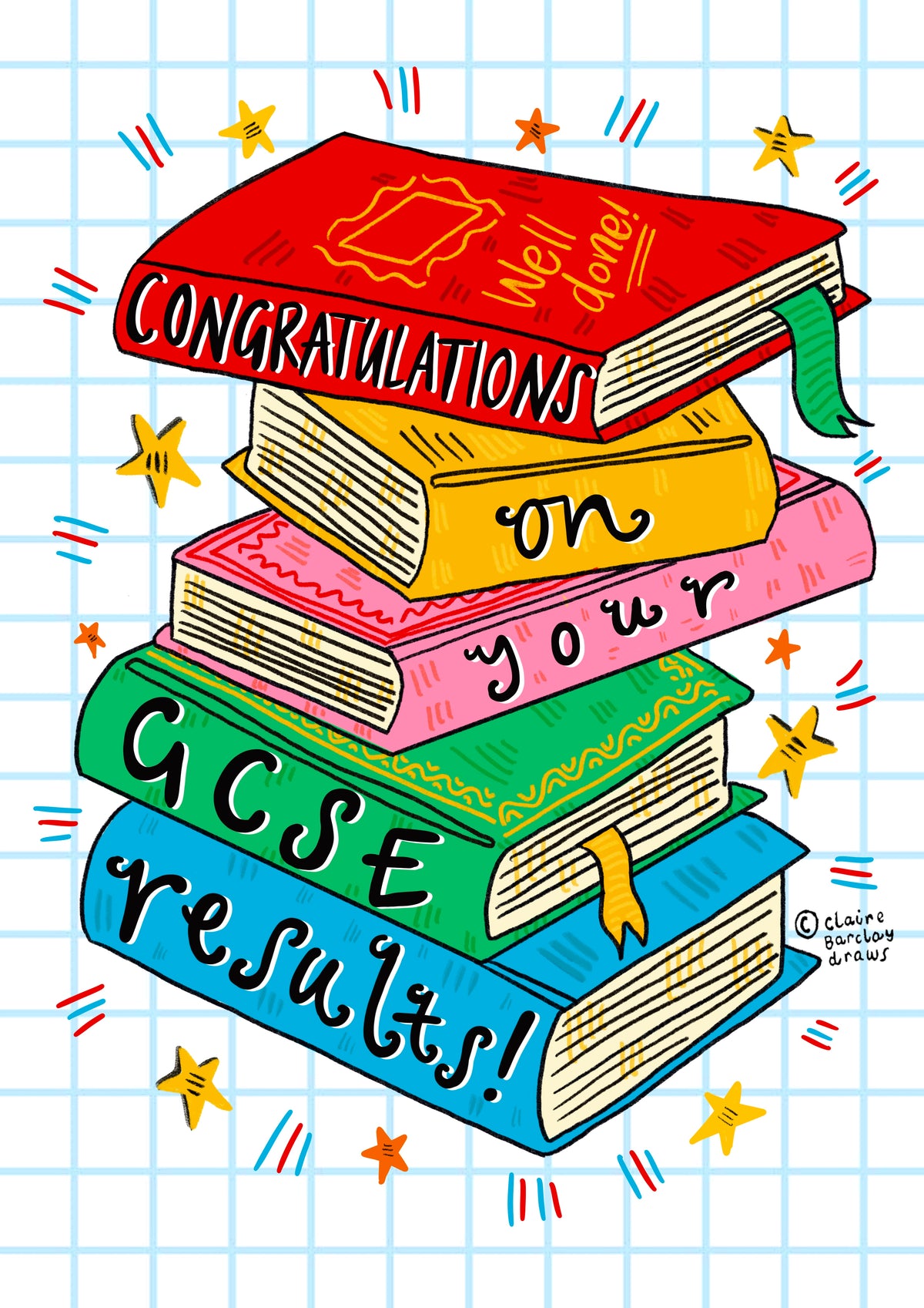 A greetings card with a white background covered in light blue squares like a jotter. The main image is a colourful jauntily stacked textbooks with the words &#39;Congratulations on your GCSE results!&#39; - one word on each book.