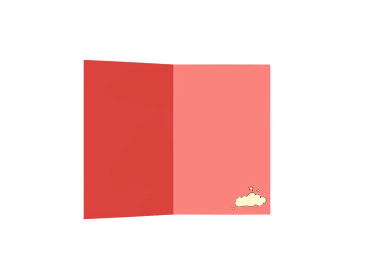 A red coloured open greetings card with a cream coloured cloud and yellow stars in the bottom right hand corner.
