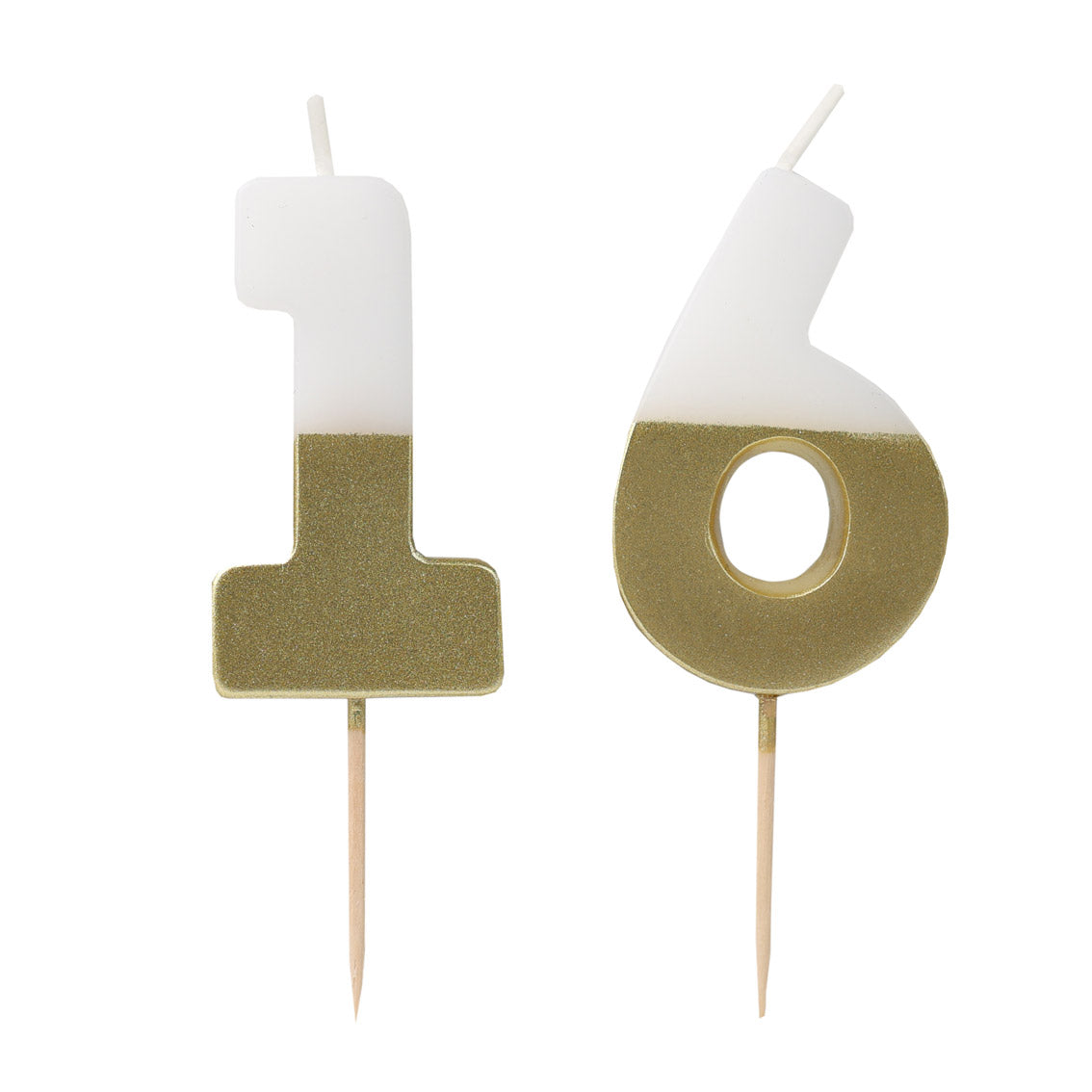 White &amp; Gold Number Milestone Birthday Candle 16 set