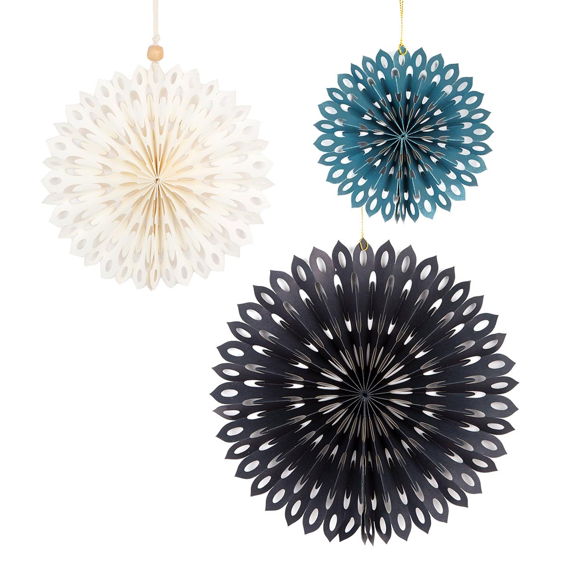 An image of 3 paper honeycomb hanging decorations in cream, teal and navy blue.