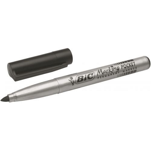 A silver BiC branded permanent marker pen. The tip is black and the body of the pen is silver. The image shows the black lid off at the side.
