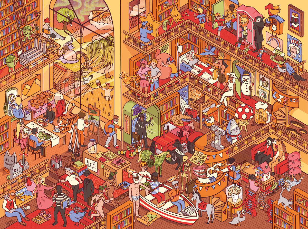 Mayhem In The Library 1000 Piece Puzzle Game showing puzzle completed by penny black