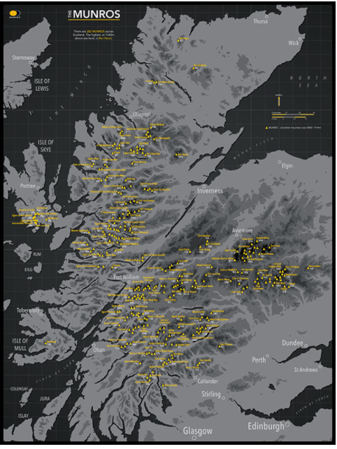 An image of a 1000 piece jigsaw puzzle of the munro mountains in Scotland by Mazzle. The jigsaw preview shows a dark coloured puzzle - grey and black. It shows the Munros named in yellow.