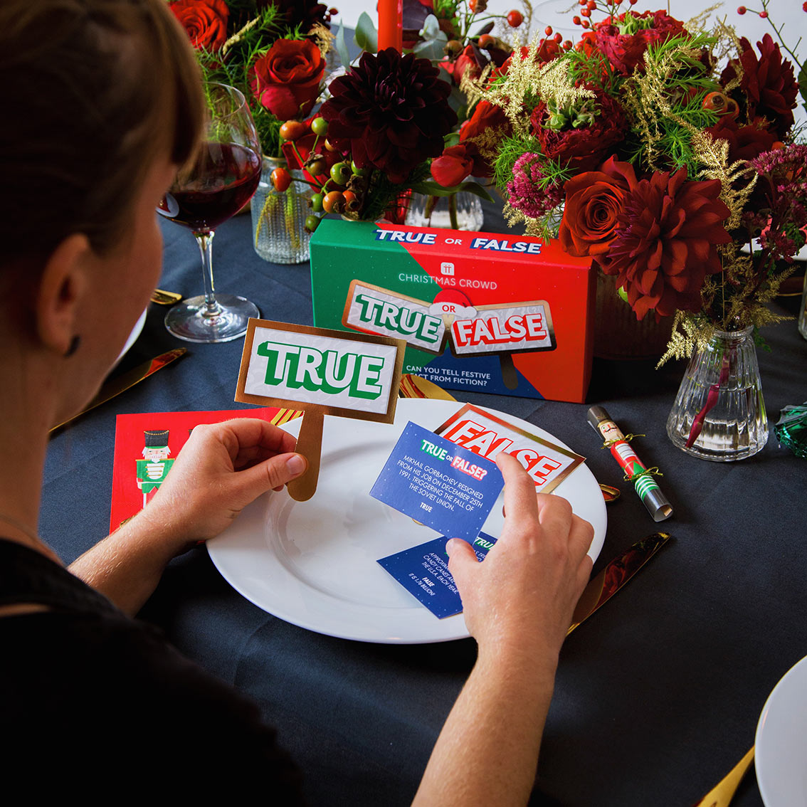 An image showing someone playing the True or False christmas game.