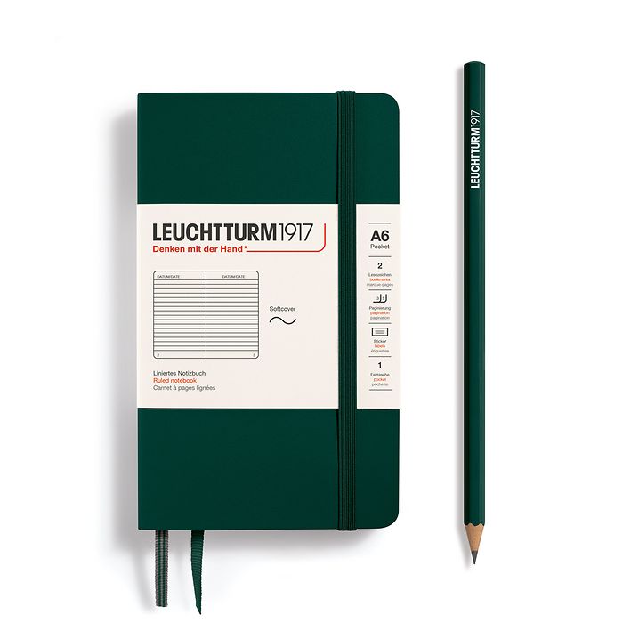 LEUCHTTURM1917 Notebook A6 Pocket Softcover in forest green and ruled inside at Penny Black