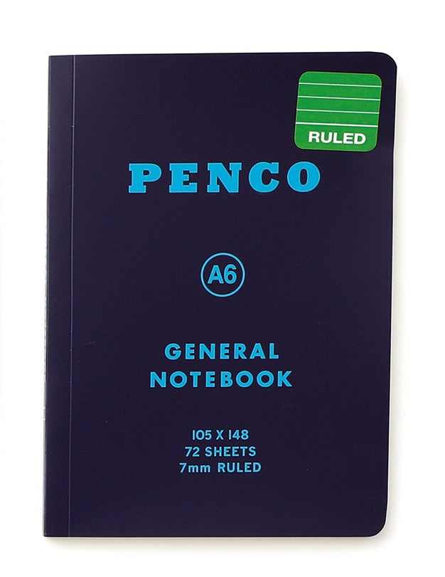 A dark blue Penco A6 general notebook with light blue text in A6 size by penny black
