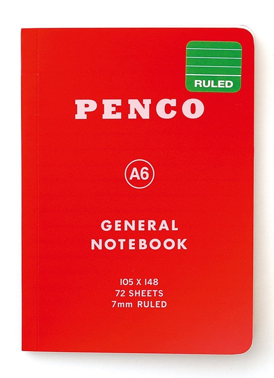 A red Penco A6 general notebook with white text in A6 size by penny black