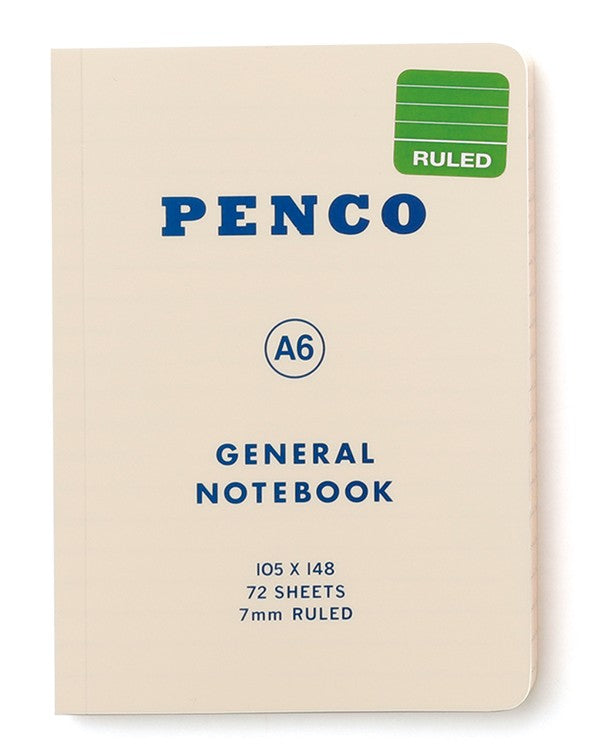 A white Penco A6 general notebook with dark blue text in A6 size by penny black