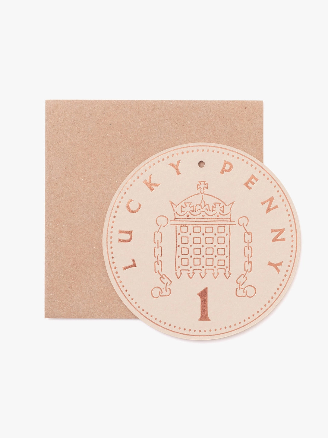 Round beige Lucky Penny notecard with a crown design with a brown envelope - by penny black