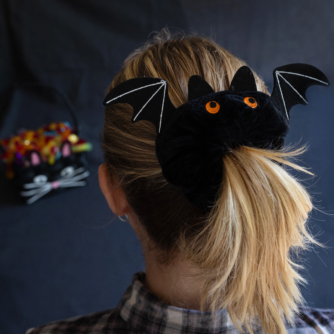 Halloween Black &amp; Orange Bat Hair Scrunchie in hair by penny black