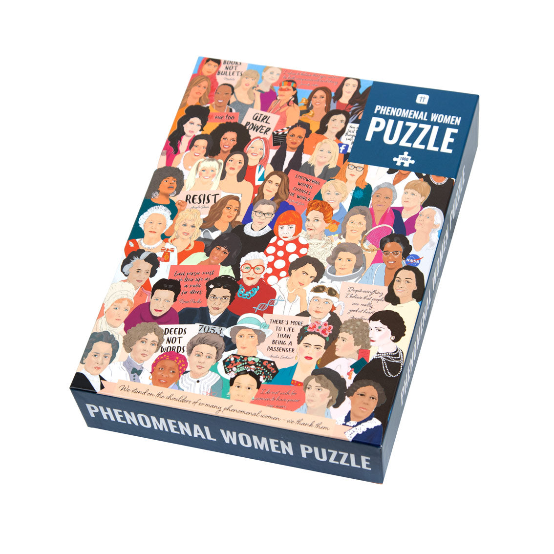 An image of a puzzle box where the jigsaw image is phenomenal women. Each woman is illustrated in a crowd where you see their head and shoulders.