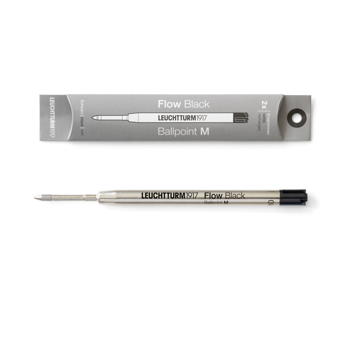 Leuchtturm1917 ballpoint pen refill M in black with packaging on a white background
