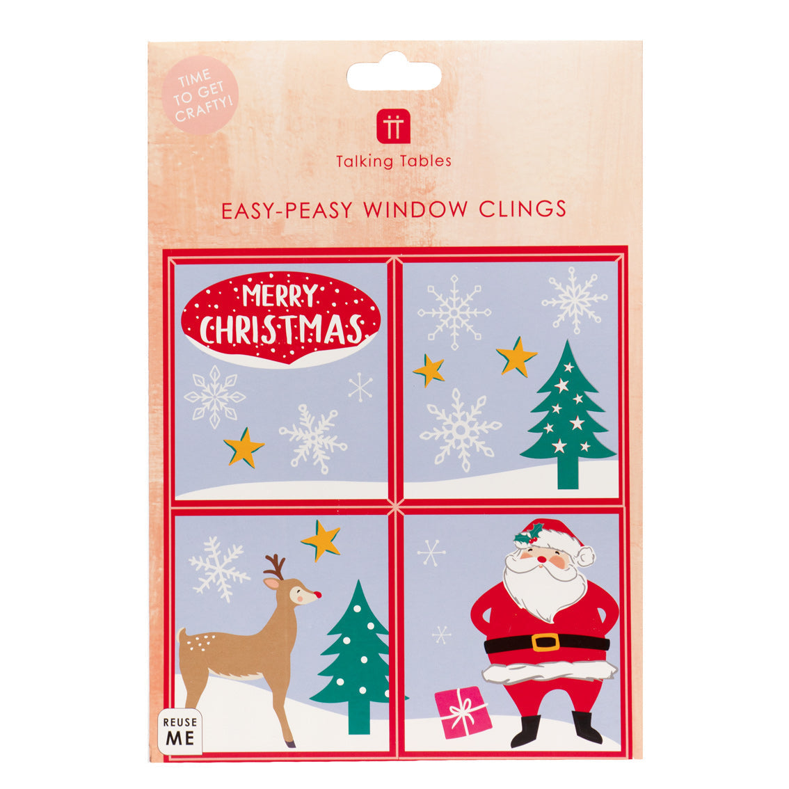 An image of retail packaging for Christmas sticky window decorations. The packaging illustrates the window clings in use, with a Christmas landscape on a 4 pane window.