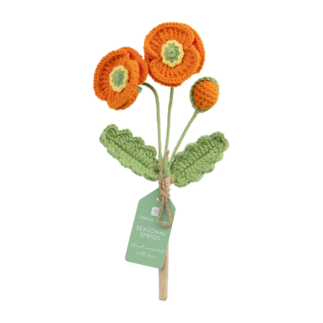 Crocheted orange anemone flowers with a green stalk and tag on a white background  by talking tables at penny black