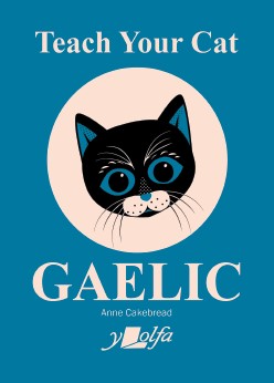 A sky blue book cover with a cream circle in the middle at a black cats cute face. Words on the cover say the book title &#39;Teach your cat GAELIC&#39;. Gaelic is in capitals.