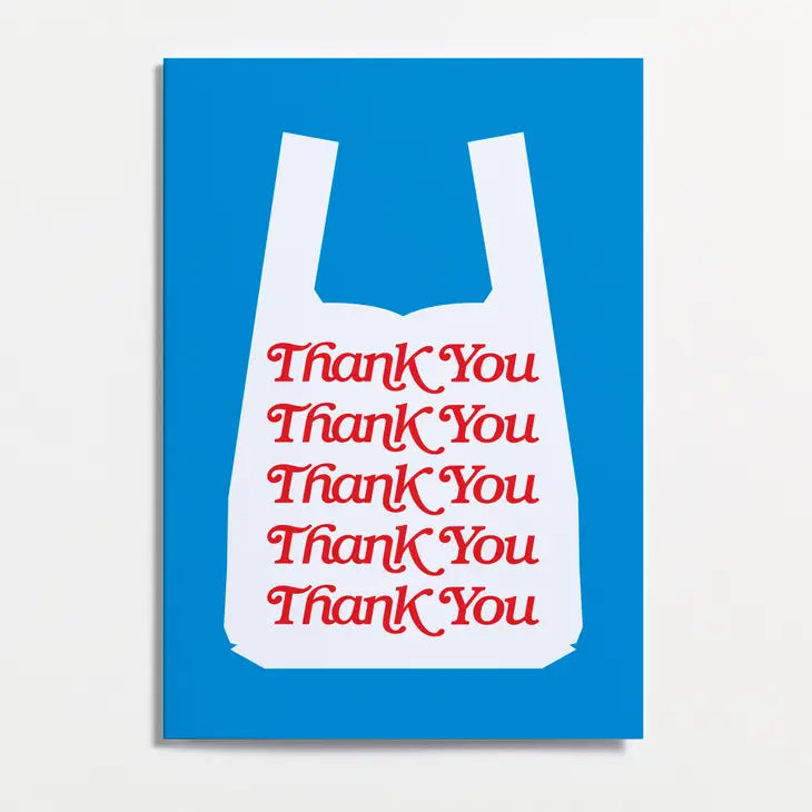 An image of a greetings card with a sky blue background and an illustration of a white plastic shopping bag with the words &#39;thank you&#39; repeated from the top to the bottom of the bag. The words are in bright red.