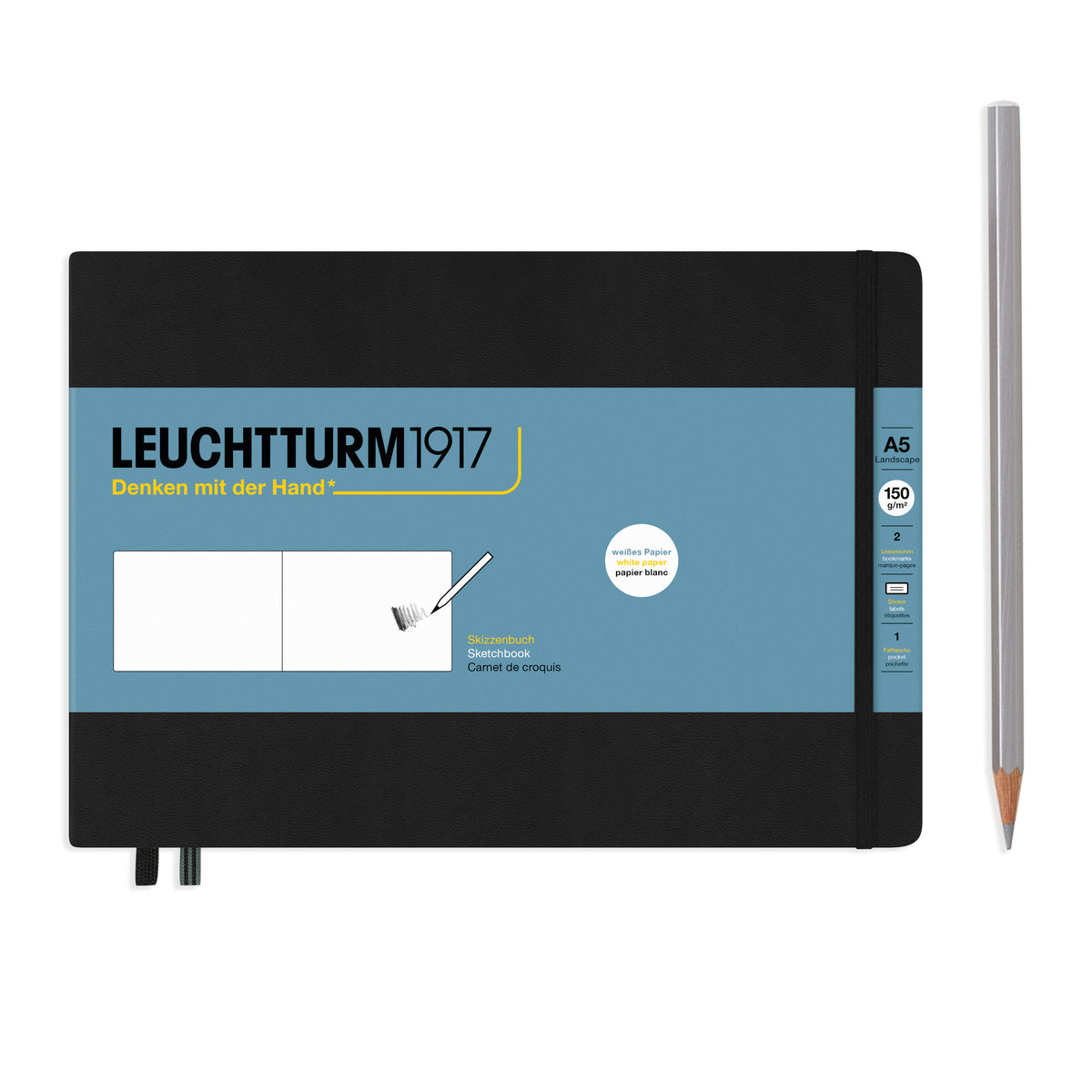 LEUCHTTURM1917 Sketchbook in black landscape A5 showing paper band with product details by penny black
